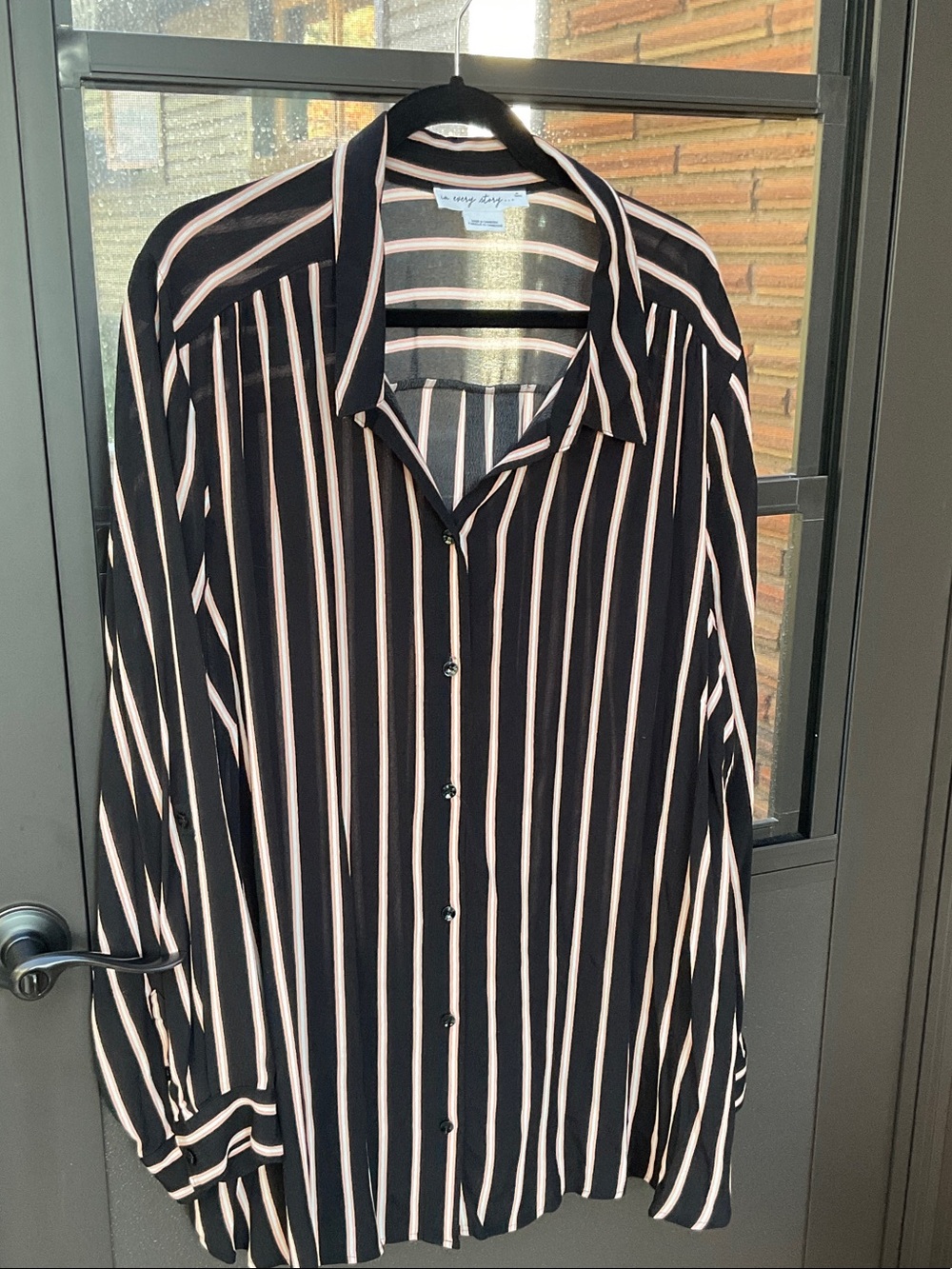 Penningtons Black Button-Down Shirt with Cream Stripes